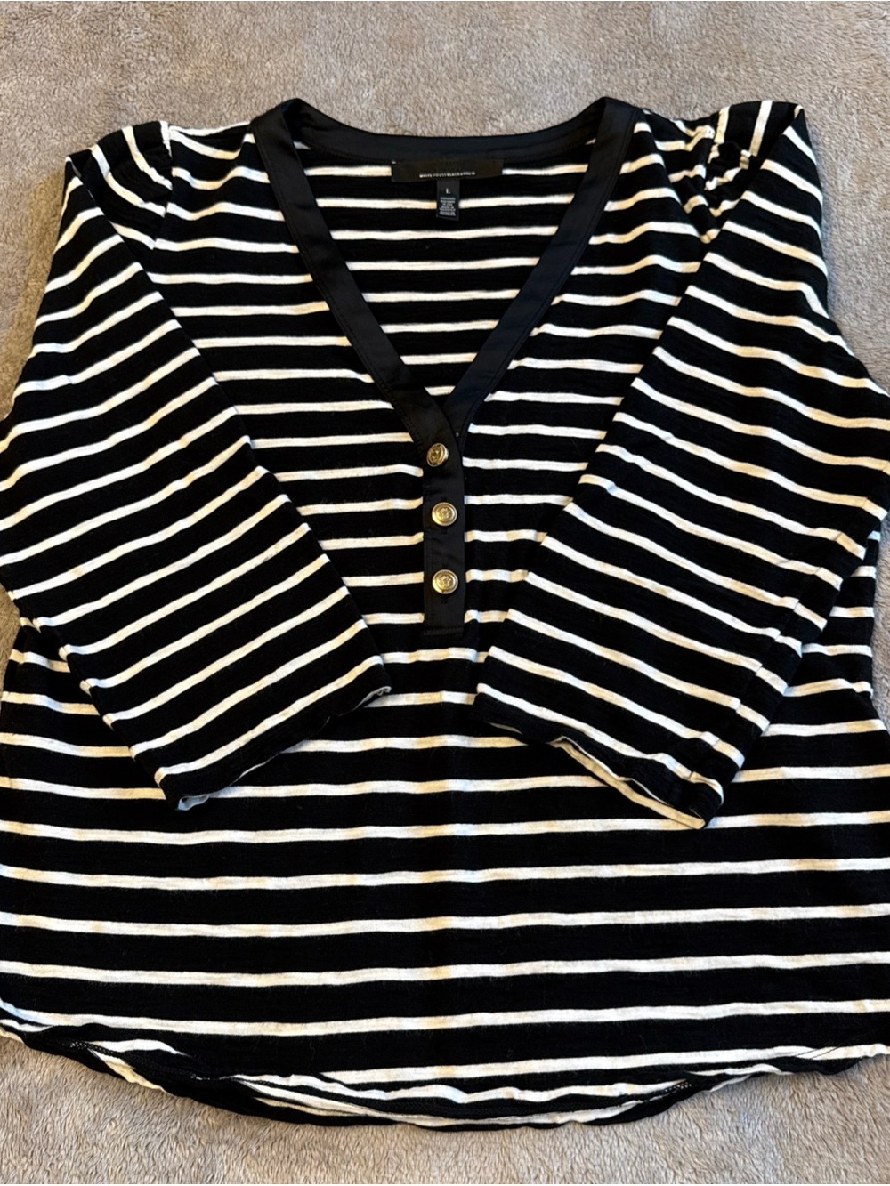 White House Black Market Black & White Striped V-Neck Henley Top, L